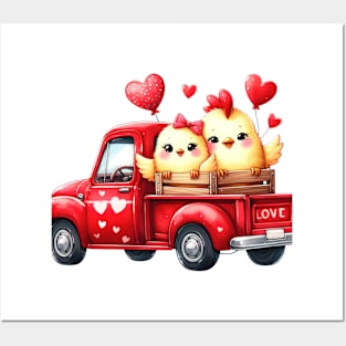 Valentine Chicken Couple Sitting On Truck Posters and Art